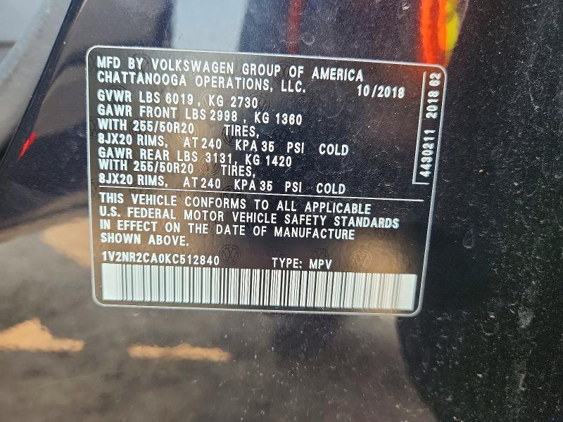 Продажа на аукционе авто 2019 Volkswagen Atlas, vin: 1V2NR2CA0KC512840, номер лота: 65008066