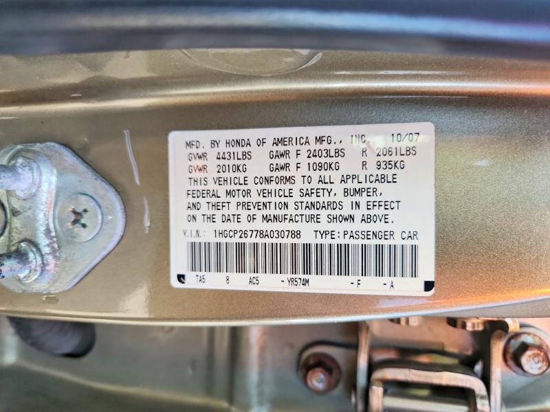 2008 Honda Accord მანქანა იყიდება აუქციონზე, vin: 1HGCP26778A030788, აუქციონის ნომერი: 63341376
