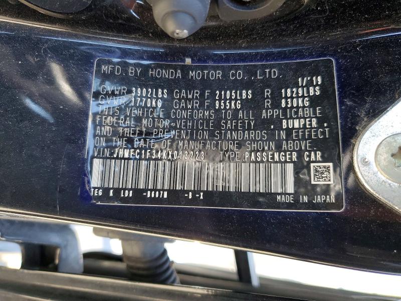 Продаж на аукціоні авто 2019 Honda Civic, vin: JHMFC1F34KX013223, номер лоту: 63931076