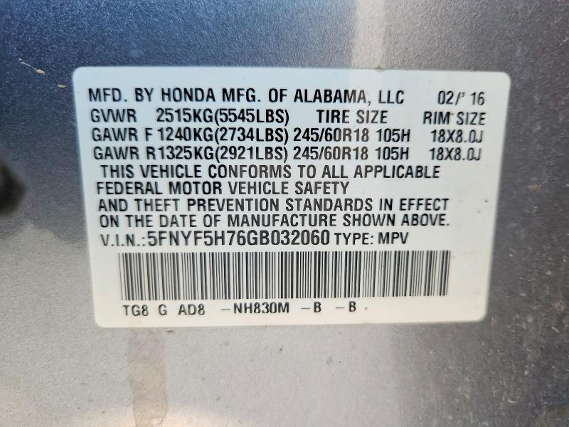 Aukcja sprzedaży 2016 Honda Pilot, vin: 5FNYF5H76GB032060, numer aukcji: 61793486