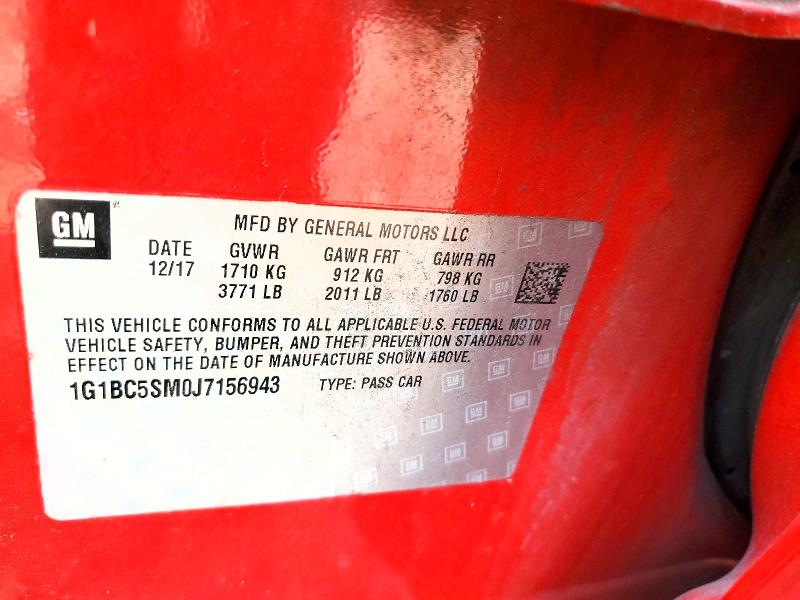 Auction sale of the 2018 Chevrolet Cruze, vin: 1G1BC5SM0J7156943, lot number: 66995926