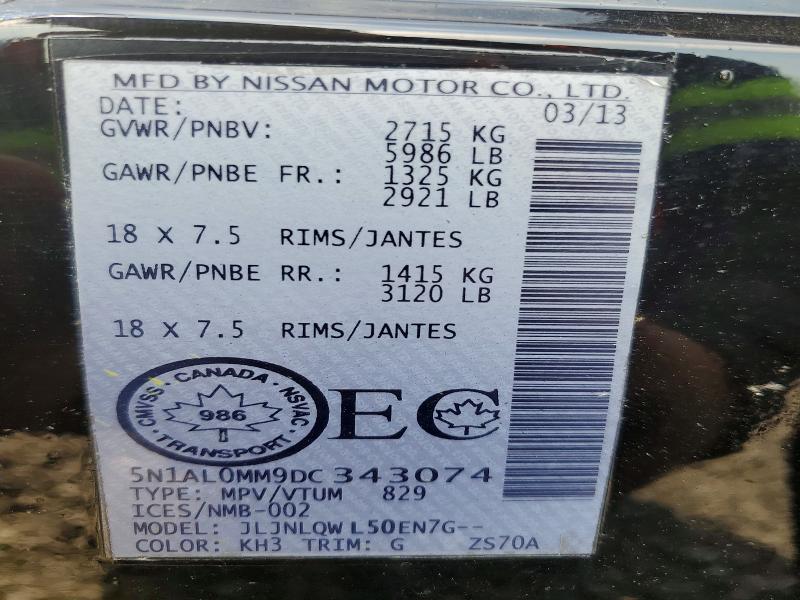 66242236 :رقم المزاد ، 5N1AL0MM9DC343074 vin ، 2013 Infiniti Jx35 مزاد بيع