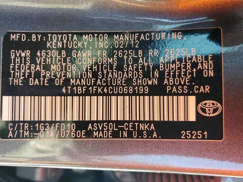 Продажа на аукционе авто 2012 Toyota Camry, vin: 4T1BF1FK4CU068199, номер лота: 62820586