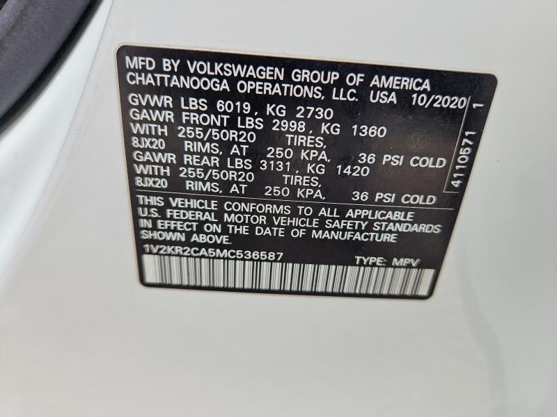 Продаж на аукціоні авто 2021 Volkswagen Atlas, vin: 1V2KR2CA5MC536587, номер лоту: 65190566