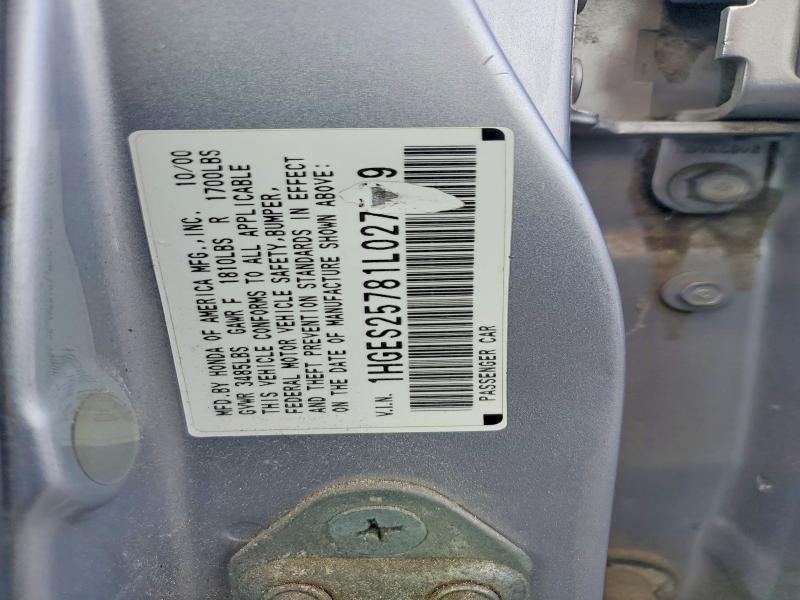 2001 Honda Civic მანქანა იყიდება აუქციონზე, vin: 1HGES25781L027529, აუქციონის ნომერი: 65347216