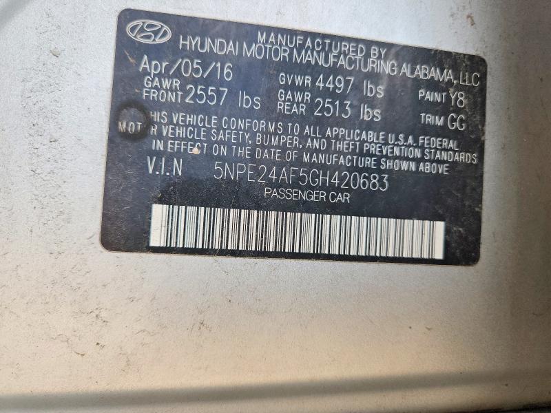 66538786 :رقم المزاد ، 5NPE24AF5GH420683 vin ، 2016 Hyundai Sonata مزاد بيع