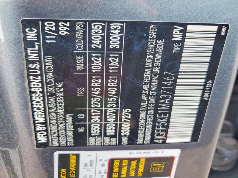 Aukcja sprzedaży 2021 Mercedes-benz Gls, vin: 4JGFF5KE1MA371467, numer aukcji: 66637966