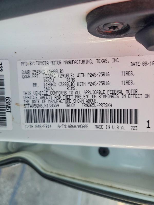 65193626 :رقم المزاد ، 5TFAX5GN0JX130559 vin ، 2018 Toyota Tacoma مزاد بيع