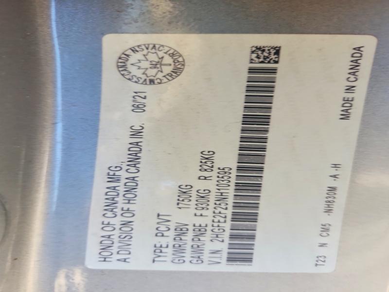 65724786 :رقم المزاد ، 2HGFE2F25NH103595 vin ، 2022 Honda Civic مزاد بيع