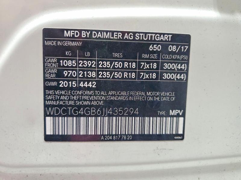 2018 Mercedes-benz Gla მანქანა იყიდება აუქციონზე, vin: WDCTG4GB6JJ435294, აუქციონის ნომერი: 66941896