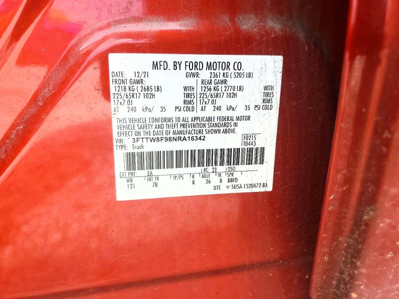 2022 Ford Maverick მანქანა იყიდება აუქციონზე, vin: 3FTTW8F98NRA16342, აუქციონის ნომერი: 64934006