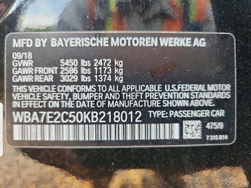Продаж на аукціоні авто 2019 Bmw 740, vin: WBA7E2C50KB218012, номер лоту: 66710466