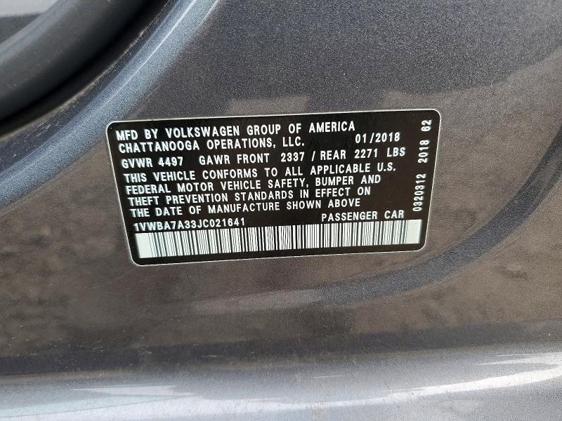Auction sale of the 2018 Volkswagen Passat, vin: 1VWBA7A33JC021641, lot number: 65367486
