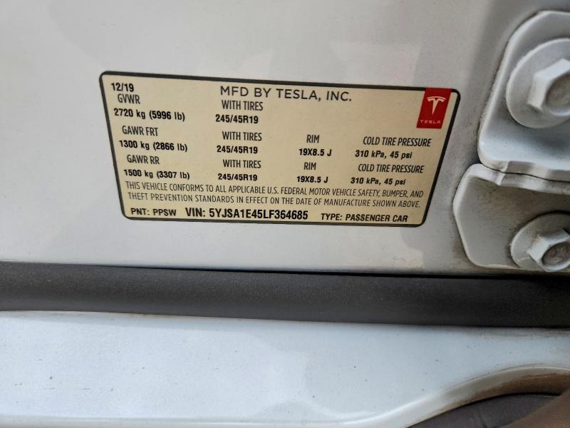 2020 Tesla Model S მანქანა იყიდება აუქციონზე, vin: 5YJSA1E45LF364685, აუქციონის ნომერი: 64269446