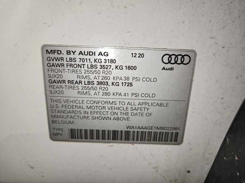 Aukcja sprzedaży 2021 Audi E-tron, vin: WA1AAAGE1MB022991, numer aukcji: 64720126