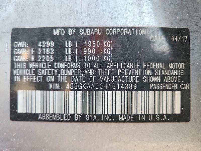 64790636 :رقم المزاد ، 4S3GKAA60H1614389 vin ، 2017 Subaru Impreza مزاد بيع