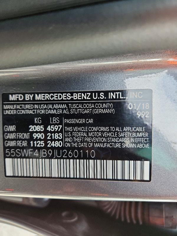 67155846 :رقم المزاد ، 55SWF4JB9JU260110 vin ، 2018 Mercedes-benz C مزاد بيع