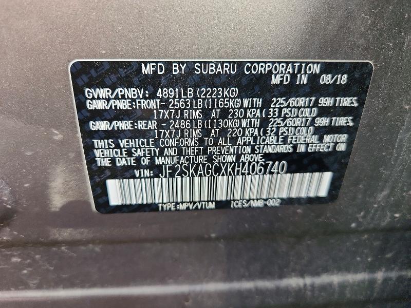 Aukcja sprzedaży 2019 Subaru Forester, vin: JF2SKAGCXKH406740, numer aukcji: 65882416