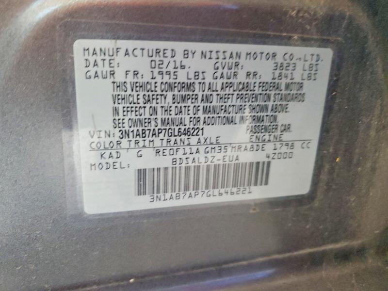 66186126 :رقم المزاد ، 3N1AB7AP7GL646221 vin ، 2016 Nissan Sentra مزاد بيع