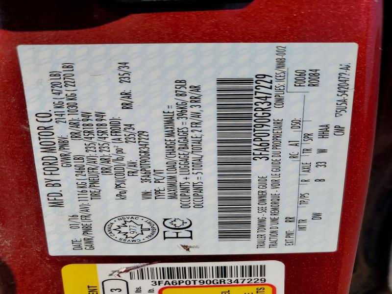 Aukcja sprzedaży 2016 Ford Fusion, vin: 3FA6P0T90GR347229, numer aukcji: 62118846