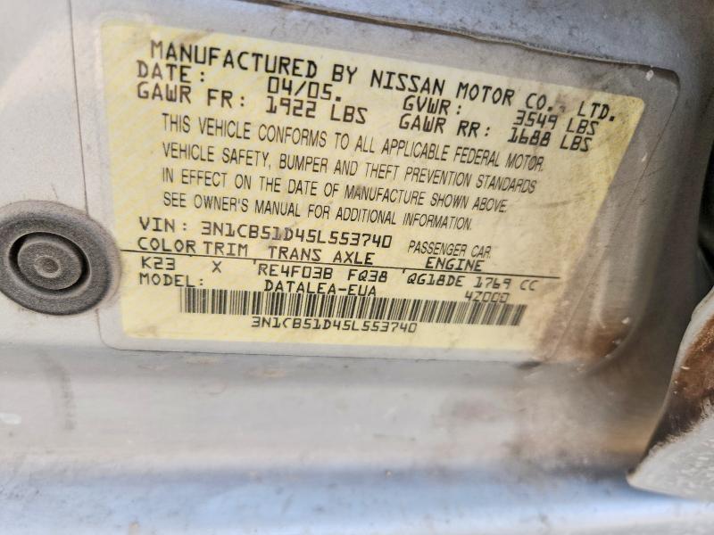 Продажа на аукционе авто 2005 Nissan Sentra, vin: 3N1CB51D45L553740, номер лота: 60071206