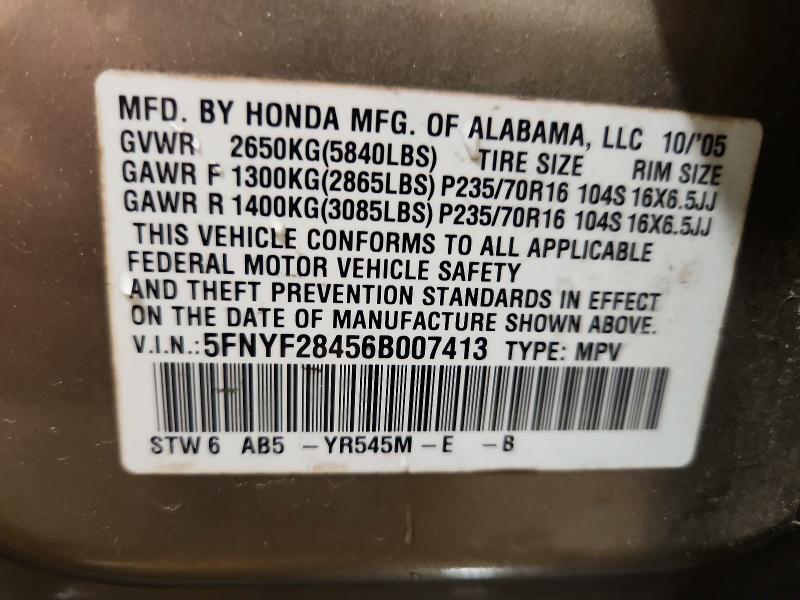 2006 Honda Pilot მანქანა იყიდება აუქციონზე, vin: 5FNYF28456B007413, აუქციონის ნომერი: 66123206