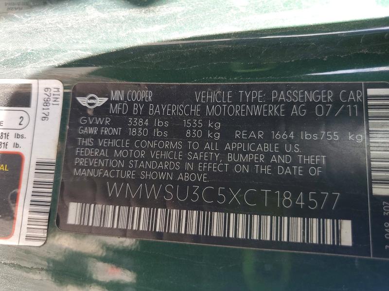 65954796 :رقم المزاد ، WMWSU3C5XCT184577 vin ، 2012 Mini Cooper مزاد بيع
