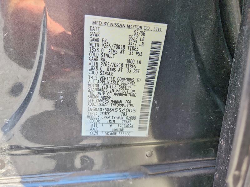 2006 Nissan Titan მანქანა იყიდება აუქციონზე, vin: 1N6BA07B86N554005, აუქციონის ნომერი: 63501346
