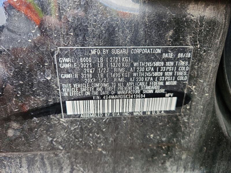 63750256 :رقم المزاد ، 4S4WMARD5K3419694 vin ، 2019 Subaru Ascent مزاد بيع