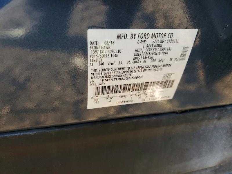 64855536 :رقم المزاد ، 1FM5K7D85JGC54008 vin ، 2018 Ford Explorer مزاد بيع