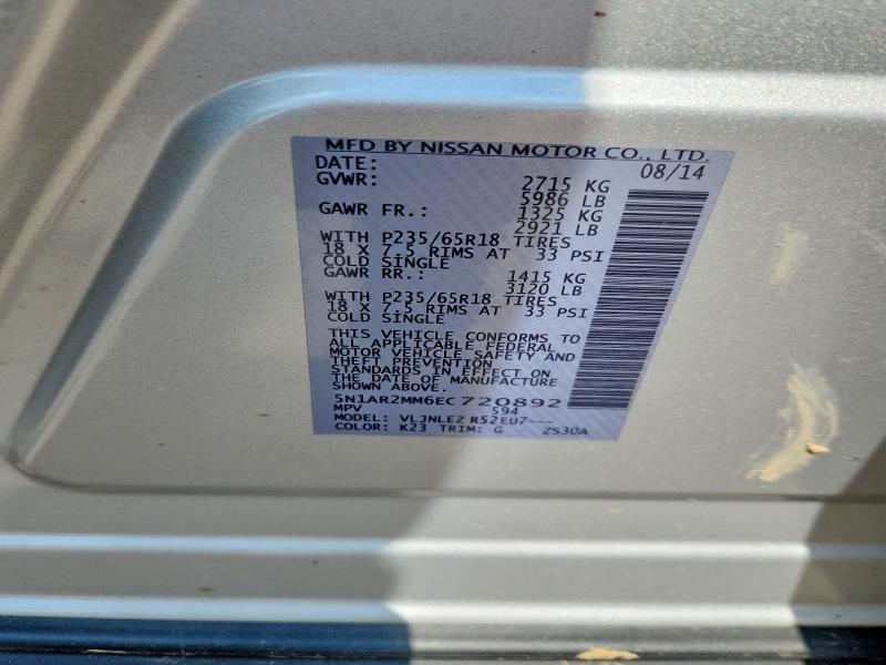66394866 :رقم المزاد ، 5N1AR2MM6EC720892 vin ، 2014 Nissan Pathfinder مزاد بيع