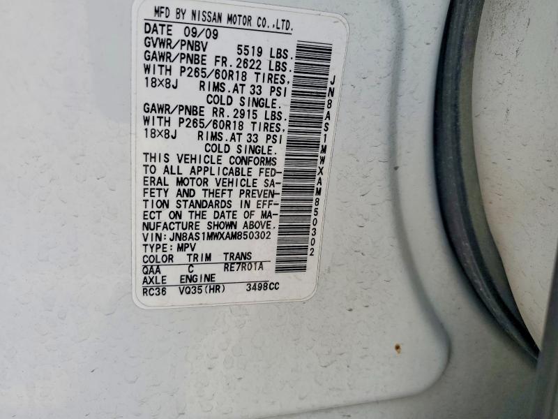 63635176 :رقم المزاد ، JN8AS1MWXAM850302 vin ، 2010 Infiniti Fx35 مزاد بيع