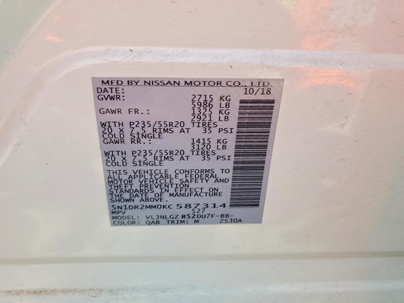 66611886 :رقم المزاد ، 5N1DR2MM0KC587314 vin ، 2019 Nissan Pathfinder مزاد بيع