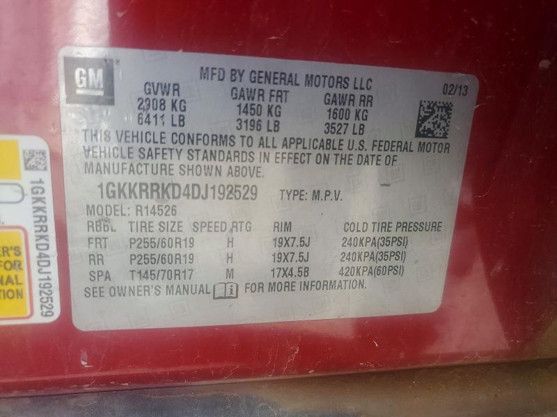 66871146 :رقم المزاد ، 1GKKRRKD4DJ192529 vin ، 2013 Gmc Acadia مزاد بيع