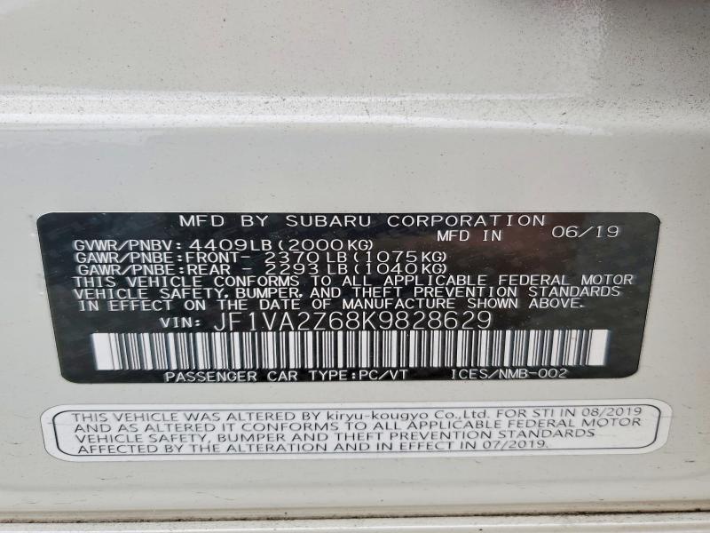 64330956 :رقم المزاد ، JF1VA2Z68K9828629 vin ، 2019 Subaru Wrx مزاد بيع