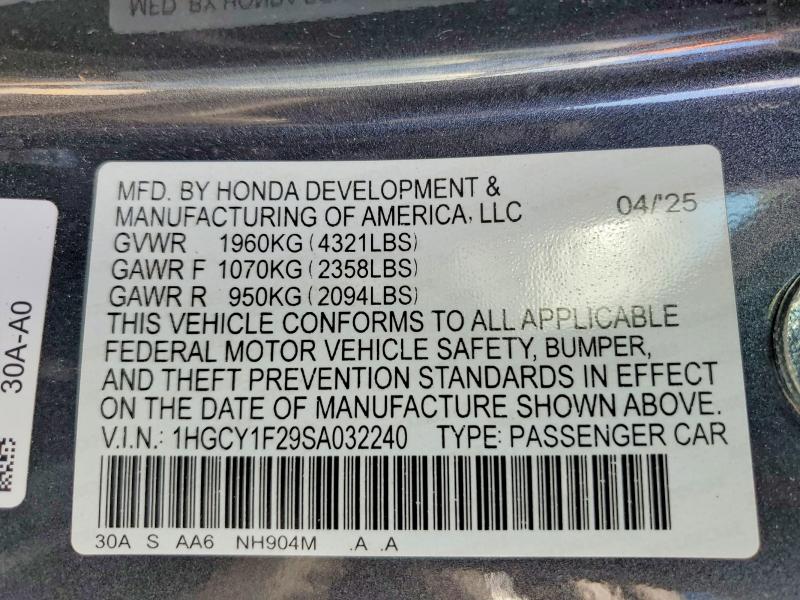 2025 Honda Accord მანქანა იყიდება აუქციონზე, vin: 1HGCY1F29SA032240, აუქციონის ნომერი: 63802656