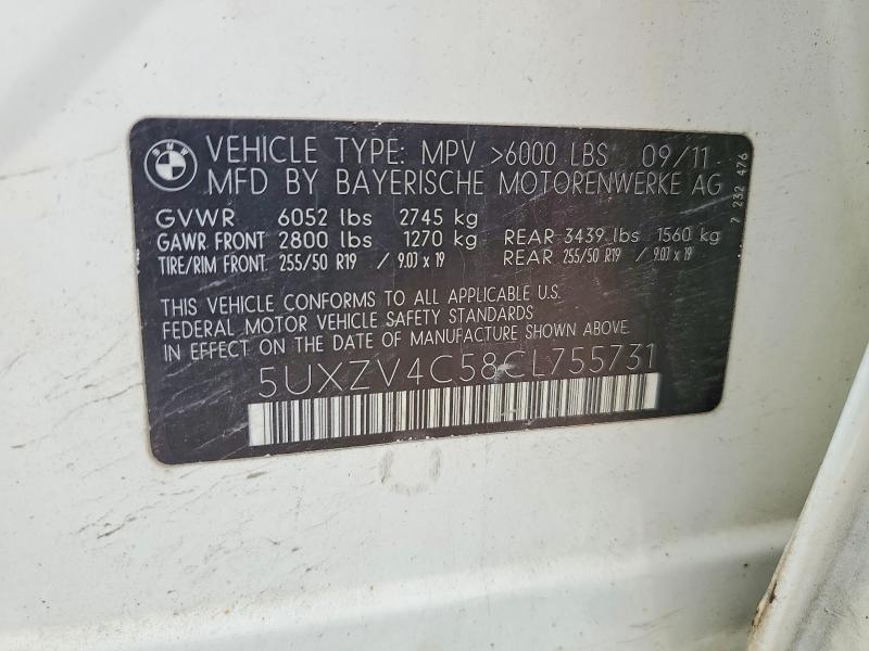 65447686 :رقم المزاد ، 5UXZV4C58CL755731 vin ، 2012 Bmw X5 مزاد بيع