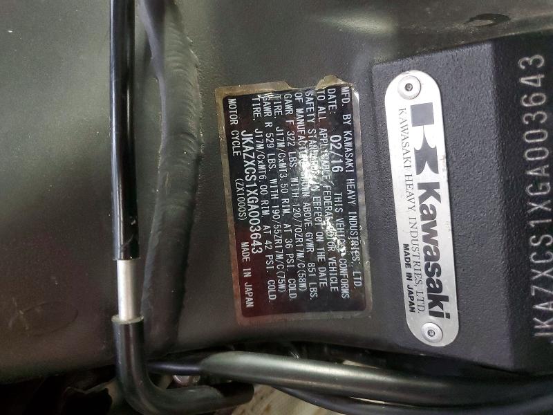 64298386 :رقم المزاد ، JKAZXCS1XGA003643 vin ، 2016 Kawasaki Zx1000 مزاد بيع