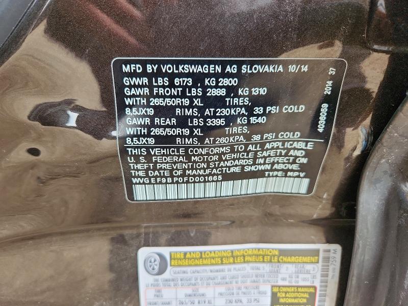 63675016 :رقم المزاد ، WVGEF9BP0FD001665 vin ، 2015 Volkswagen Touareg مزاد بيع