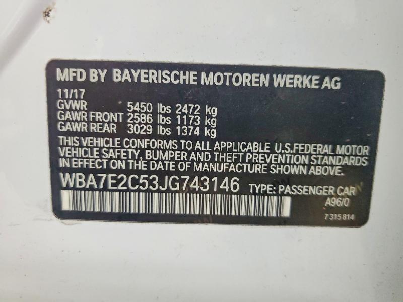 2018 Bmw 740 მანქანა იყიდება აუქციონზე, vin: WBA7E2C53JG743146, აუქციონის ნომერი: 63992956