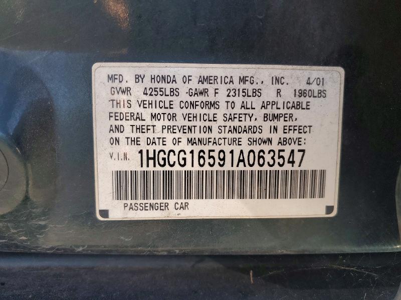 2001 Honda Accord მანქანა იყიდება აუქციონზე, vin: 1HGCG16591A063547, აუქციონის ნომერი: 65150376