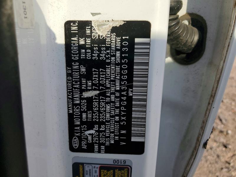 65657616 :رقم المزاد ، 5XYPG4A35GG051301 vin ، 2016 Kia Sorento مزاد بيع
