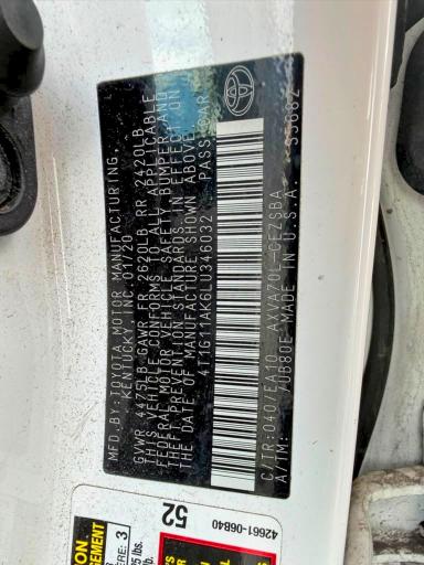 65512266 :رقم المزاد ، 4T1G11AK6LU346032 vin ، 2020 Toyota Camry مزاد بيع