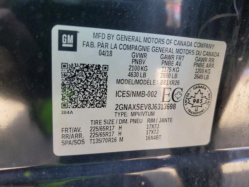 65653106 :رقم المزاد ، 2GNAXSEV8J6313698 vin ، 2018 Chevrolet Equinox مزاد بيع