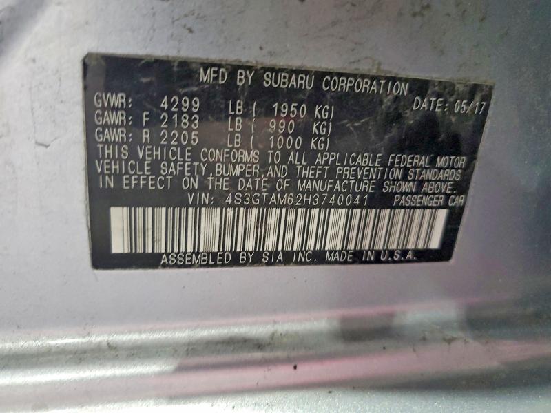 63284816 :رقم المزاد ، 4S3GTAM62H3740041 vin ، 2017 Subaru Impreza مزاد بيع