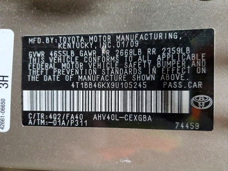 2009 Toyota Camry მანქანა იყიდება აუქციონზე, vin: 4T1BB46KX9U105245, აუქციონის ნომერი: 66414056