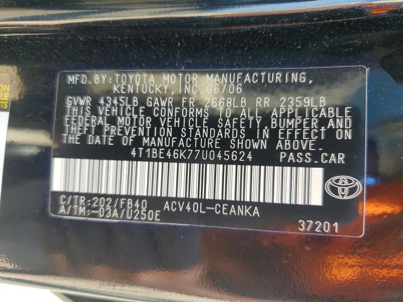 2007 Toyota Camry მანქანა იყიდება აუქციონზე, vin: 4T1BE46K77U045624, აუქციონის ნომერი: 63753506