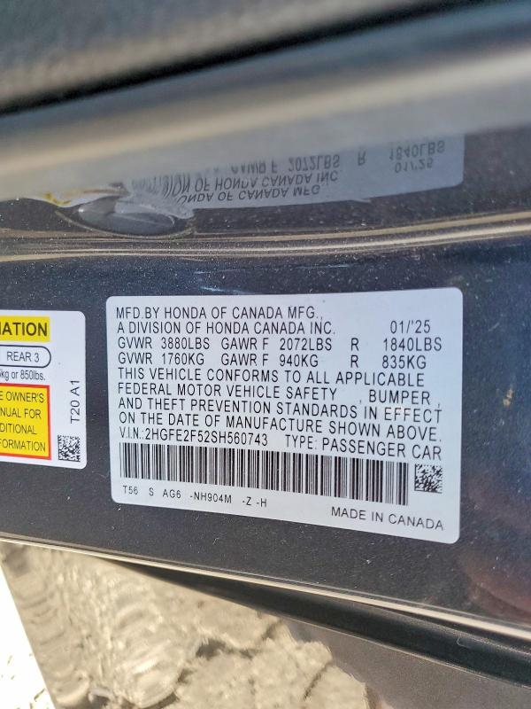 Продаж на аукціоні авто 2025 Honda Civic, vin: 2HGFE2F52SH560743, номер лоту: 65573746