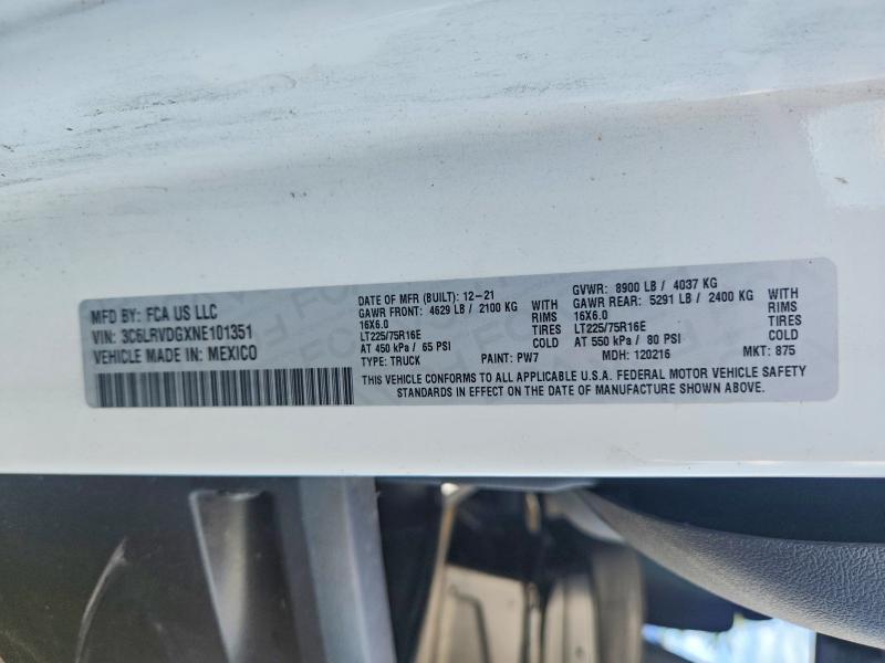 66967196 :رقم المزاد ، 3C6LRVDGXNE101351 vin ، 2022 Ram Promaster 2500 مزاد بيع