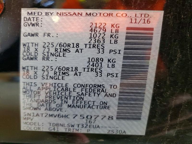 64051266 :رقم المزاد ، 5N1AT2MV6HC750778 vin ، 2017 Nissan Rogue مزاد بيع